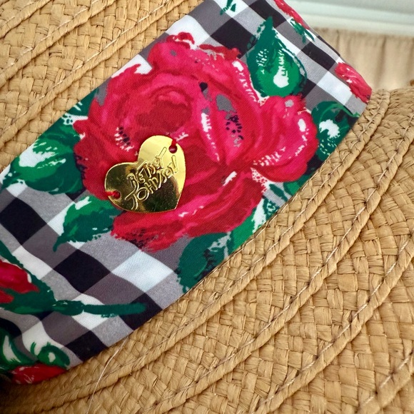 Betsey Johnson Wide Brim Straw Sun Hat with Gingham & Floral Ribbon - Picture 9 of 10